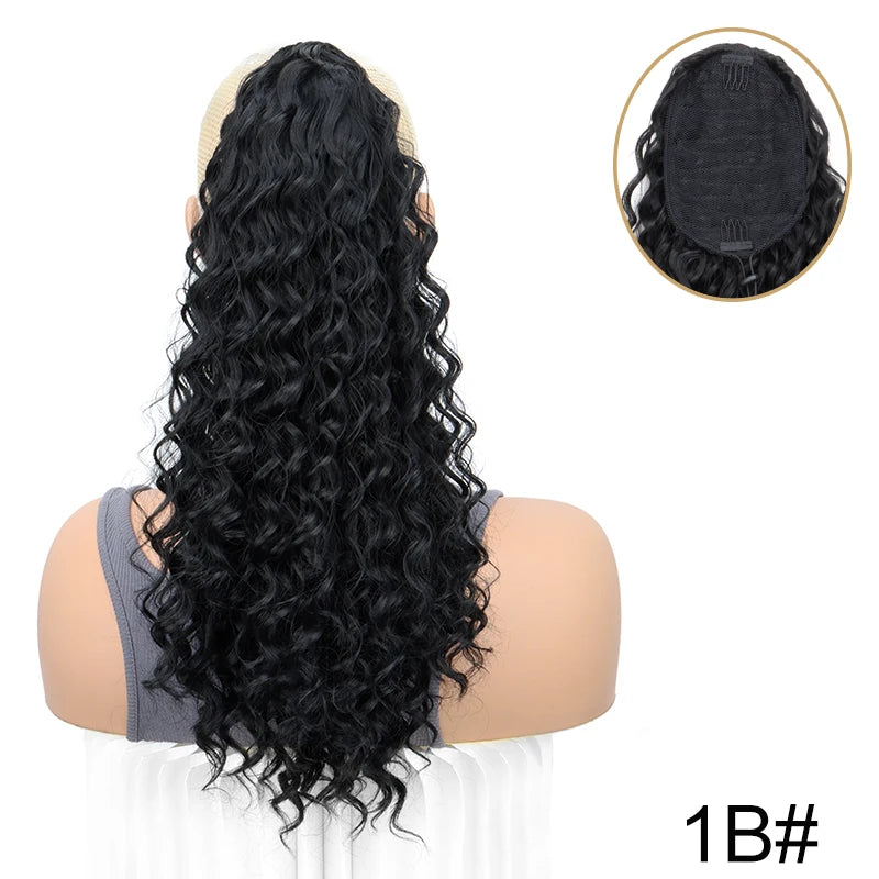 WIGSIN 18Inch Synthetic Kinky Curly Ponytail Hair Short Fluffy Curly Drawstring Clip Hair Extension Black Hairpiece for Women