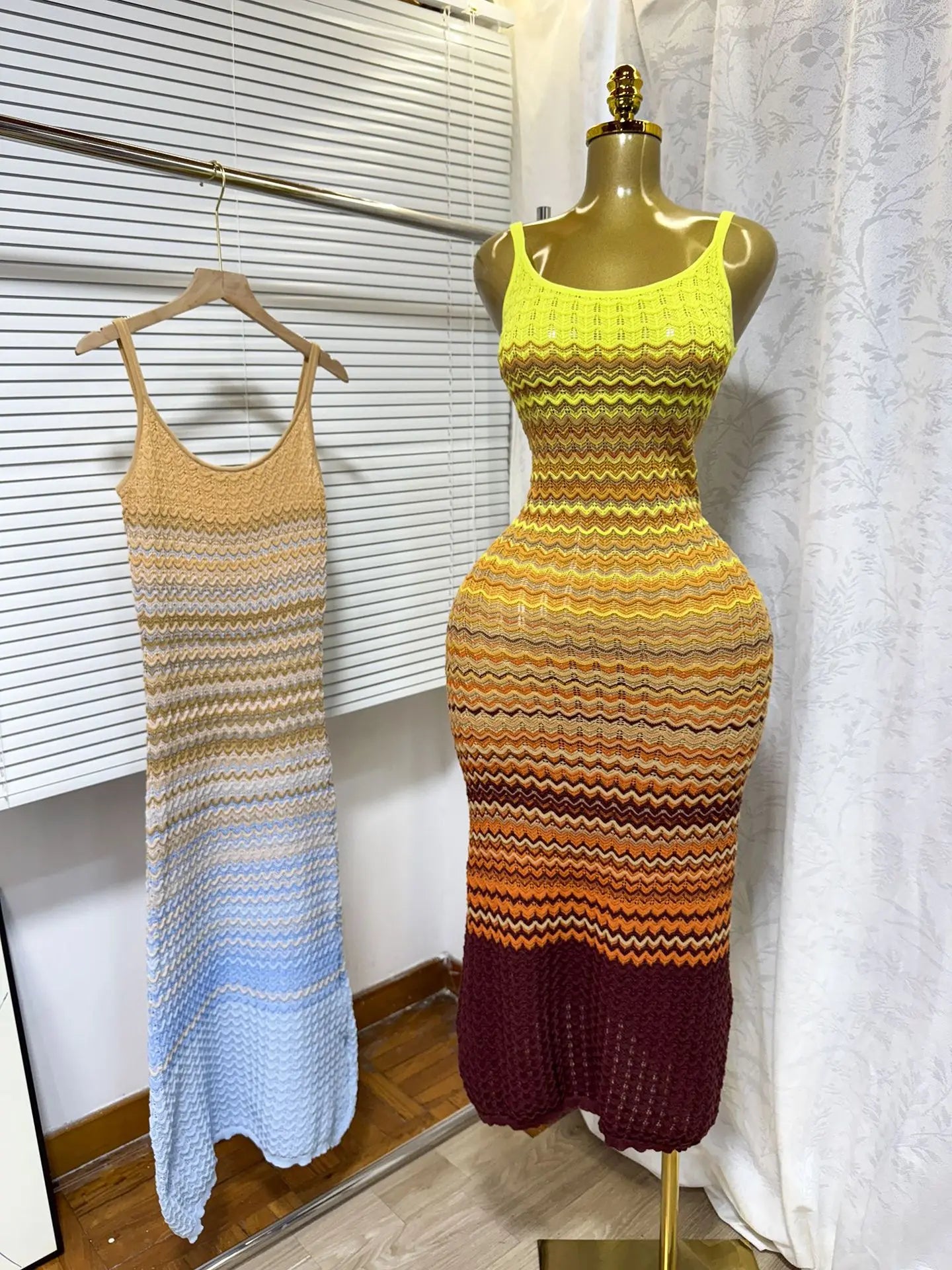 FAGADOER Summer Fashion Knitting Bodycon Maxi Dress Women Rainbow Color Spaghetti Strap Long Dress Female Streetwear Vestidos