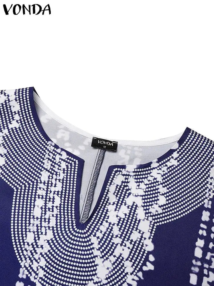 2025 VONDA Printed Maxi Dresses Vintage Women Bohemian Vestidos Casual 3/4 Sleeve Sundress Oversize Simple Elegant Long Robe