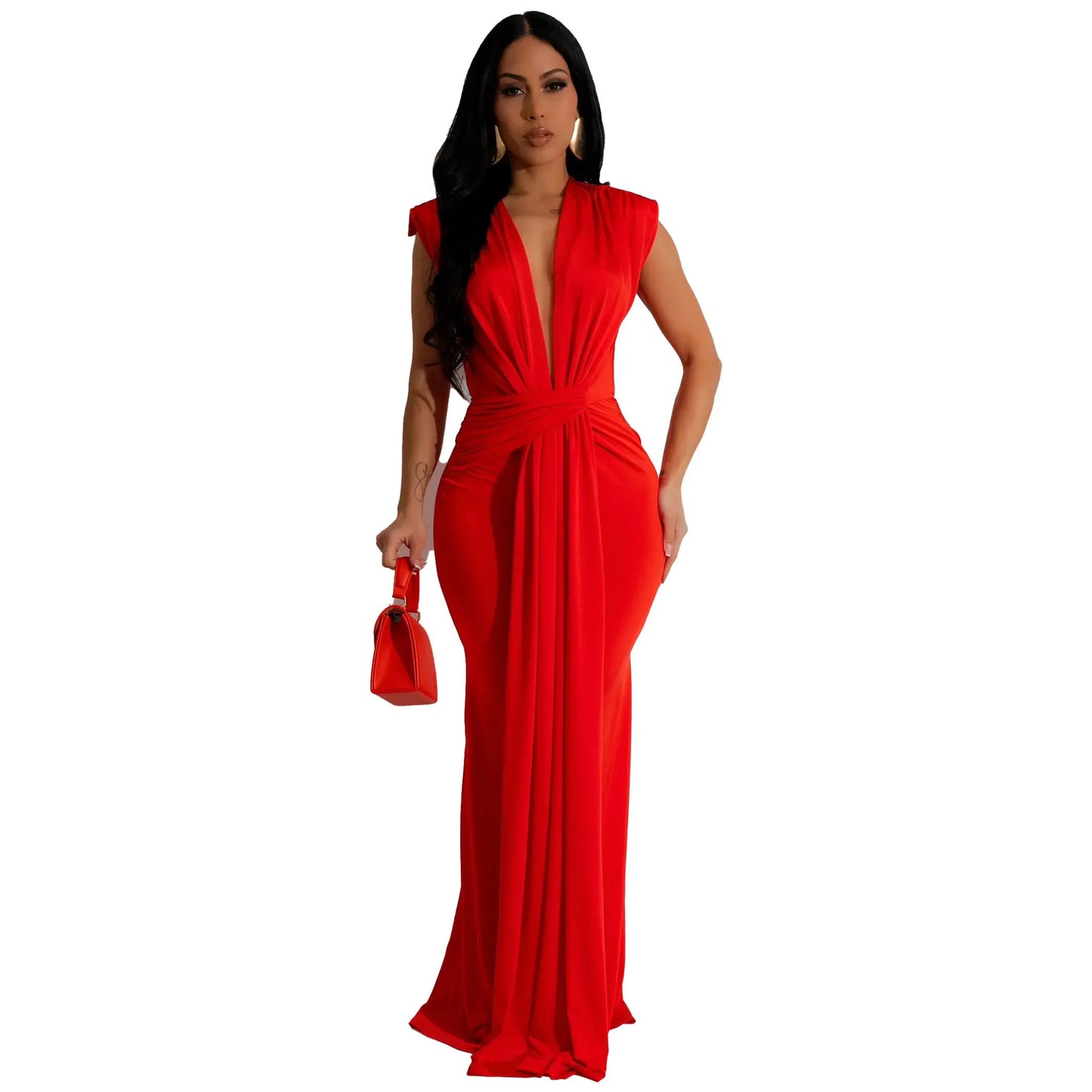 Dress Women Long Dresses Deep V Neck Sleeveless Solid Slim Fit Tight Waist Sexy Elegant Splice Hip Wrap Temperament Vestidos