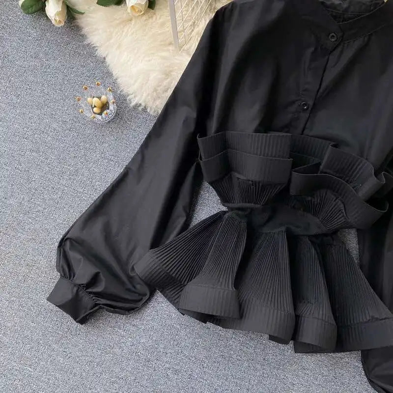 XFPV Women Puff Sleeve Pleated Ruffle Solid Casual Blouse Patchwork Y2k Top Slim Waist Shirt Sweet Summer Spring 2025 SM2983