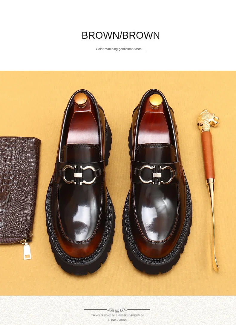 cow leather British loafers men glossy leather business casual Heightenin shoes non slip tire soles dress shoes Round toe shoes