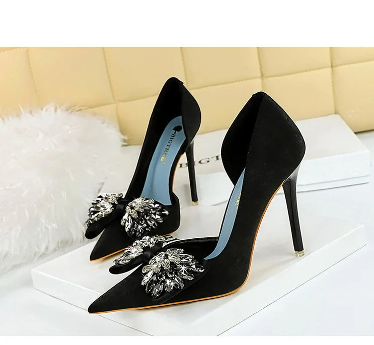 BIGTREE Shoes Rhinestone Bow Women Pumps Luxury Banquet Shoes Sexy High Heels Women Stilettos Party Shoes Large Size 41 42 43