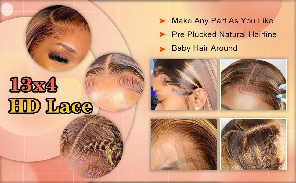 200% 16 Inch Highlight Short Bob Wigs 13X6 Straight Hd Lace Front Ombre Brown Frontal Glueless Bob Wig Human Hair Ready to Wear