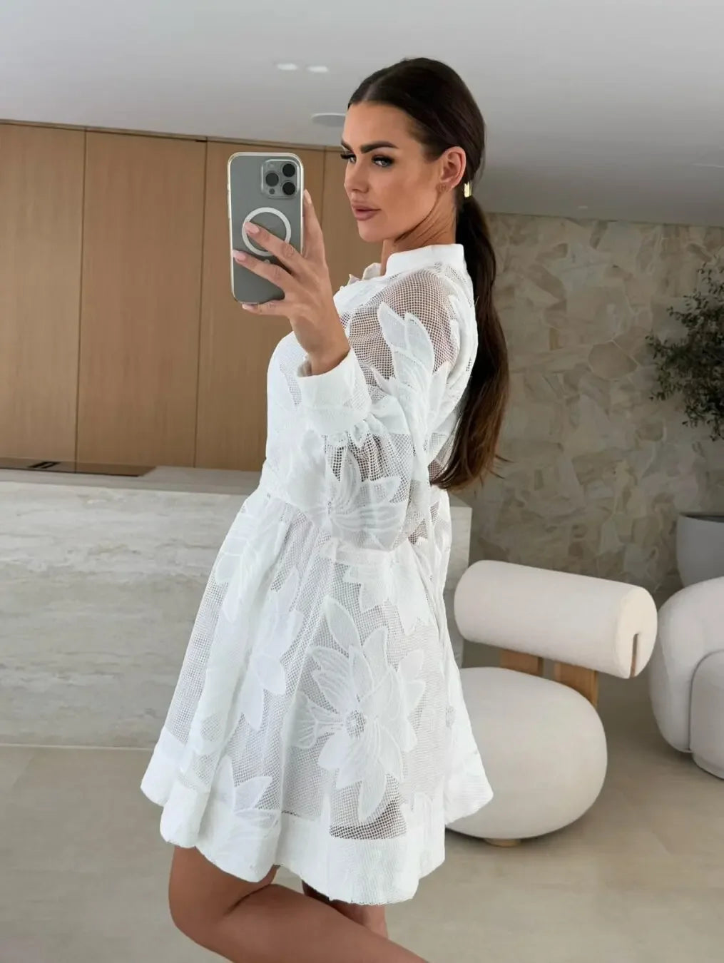 Fashionable Ins Embroidered Lace Dress Cross-Border Independent Station Floral Midi Skirt Polyester Fiber Full Sleeve