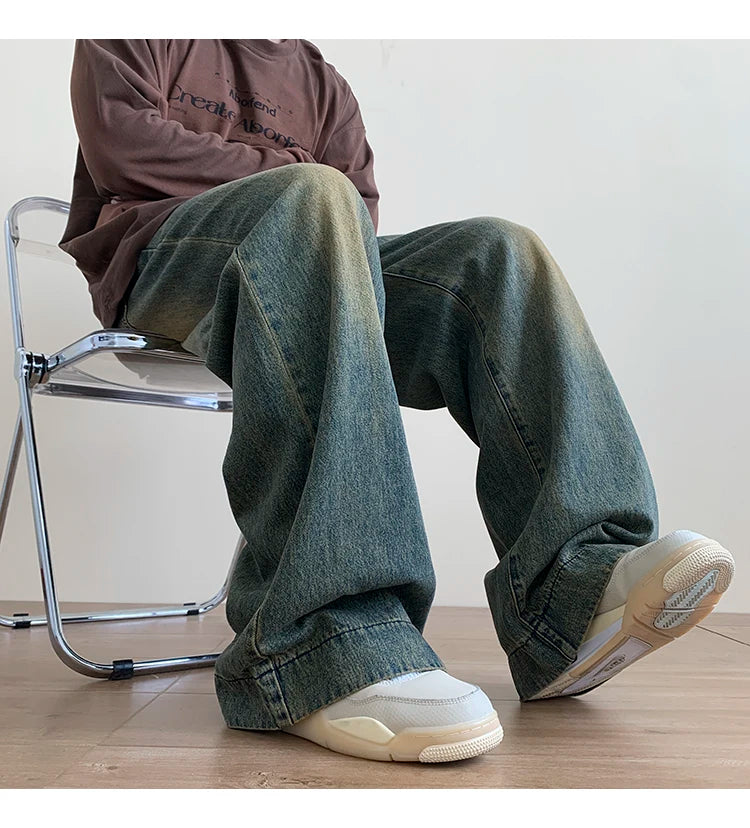 Distressed Vintage Blue Jeans Pants Men Wide-leg Denim Trousers Male Oversize Streetwear Fashion Casual Baggy Straight Jeans