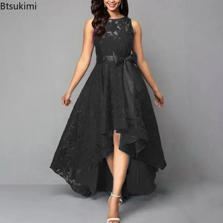 2025 Women's Wedding Bridesmaid Dress Elegant Lace Evening Sweet Party Dress Plus Size Slim High Waist Bow Maxi Dresses Female