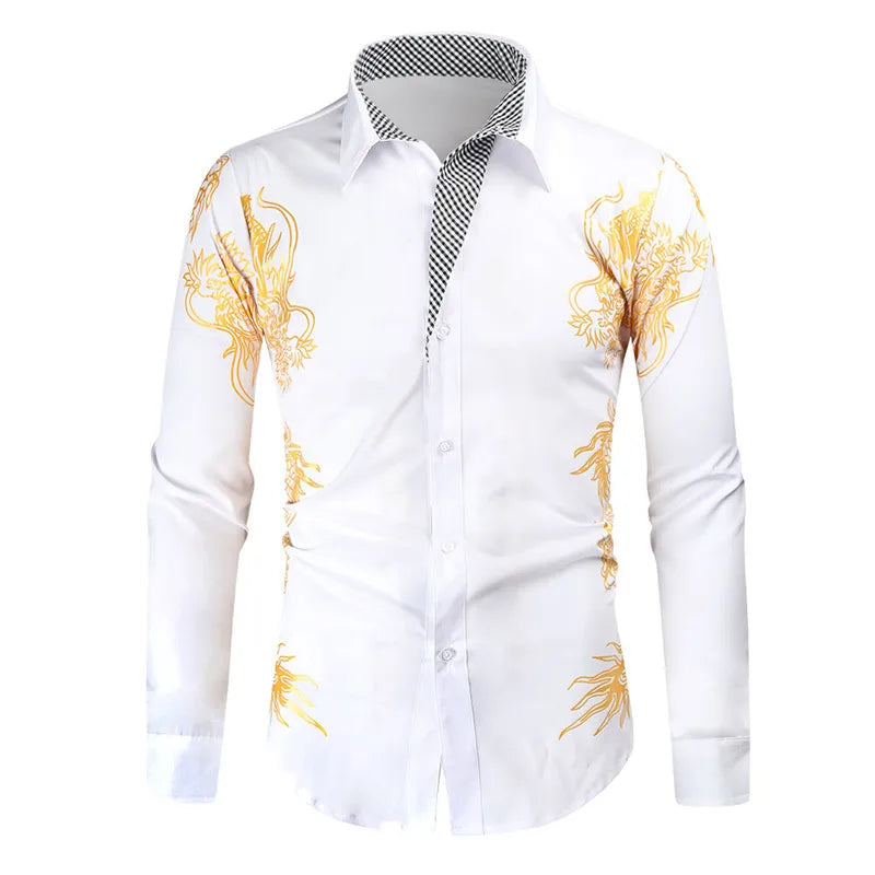 2024 Men's Brand Shirt, Luxury Gold High Quality Long Sleeve Shirts, Business White Black Men Dress Prom Social Print Shirts