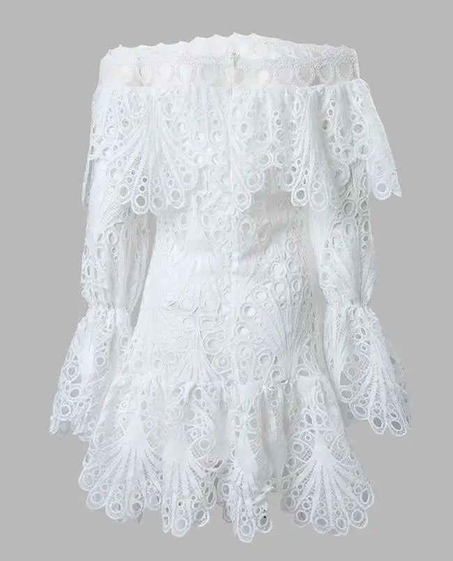 Elegant Dresses for Women Eyelet Embroidery Off Shoulder Ruffle Hem Party Mini Dress A Line New Fashion 2023 Summer Casual
