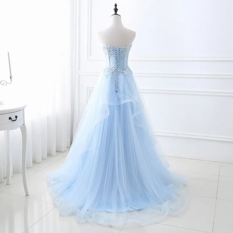 New light blue sweat long lady girl women princess prom banquet party wedding bridal dress gown