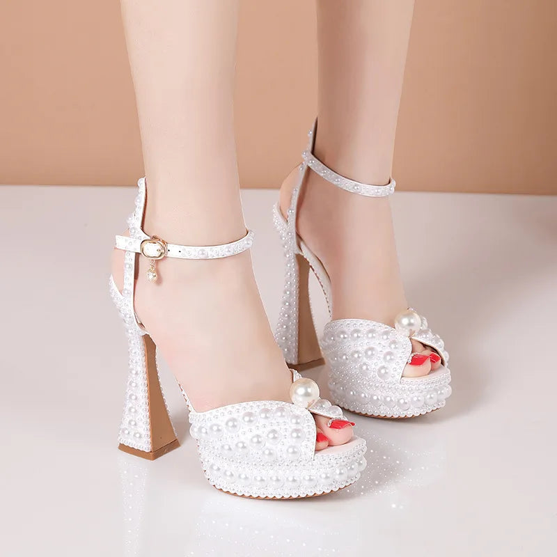 2024 Autumn New Fish Mouth High Heels Slim Heels Shallow Mouth Water Diamond Pearl Women's Single Shoes Wedding Wedding Shoes