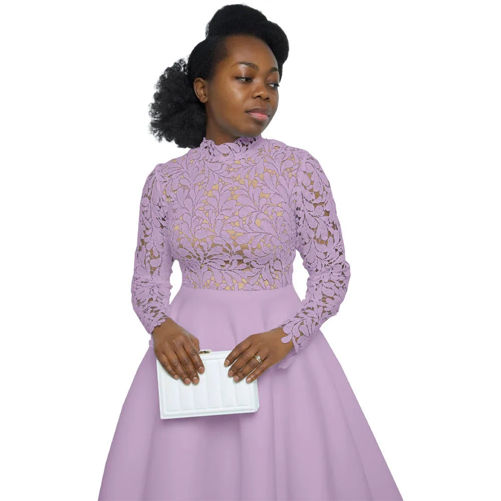 Women Long Dress A Line Dresses Lace Floral Party Night Wedding Mock Neck White Prom Hight Waist Slim Elegant Maxi Vestidos