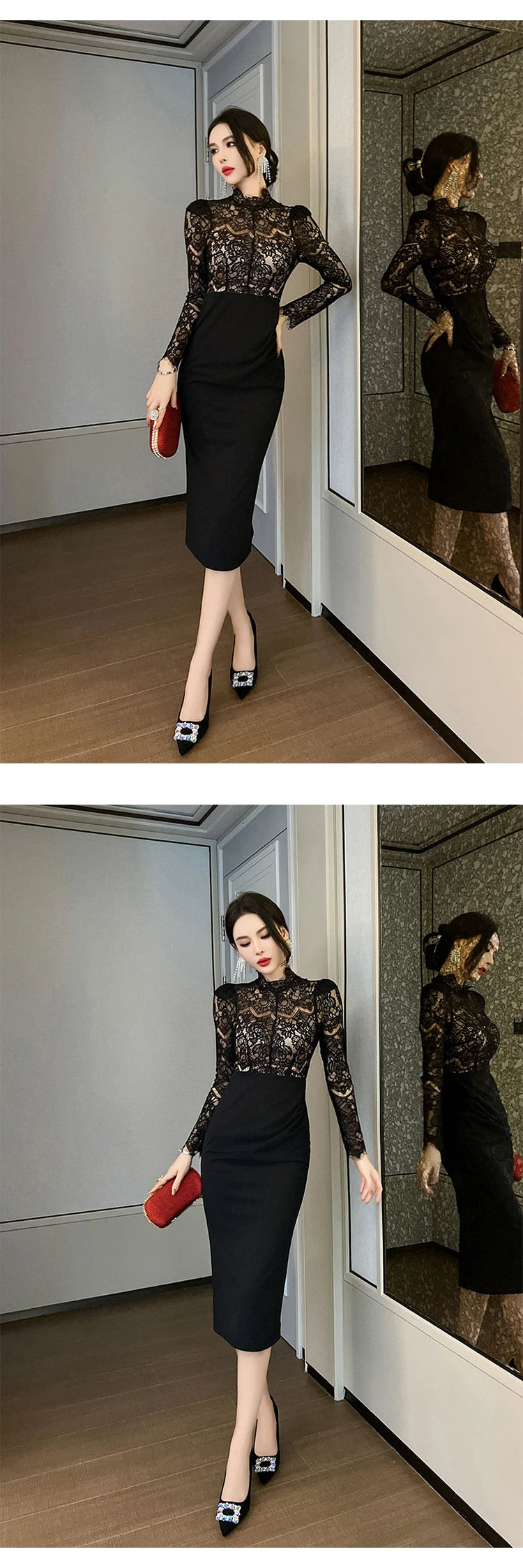 New Women's French  Elegant Black Dress Celebrity Sheer Lace Spliced Midi Robe Professional Business Vestidos Mujer Party Gown