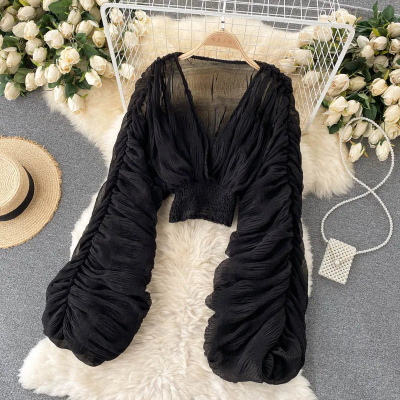 Women Sexy Chiffon Short Blouse Female See Through Super Long Sleeve Blusas Purple/Green/Black/White Folds Party Tops 2022 New