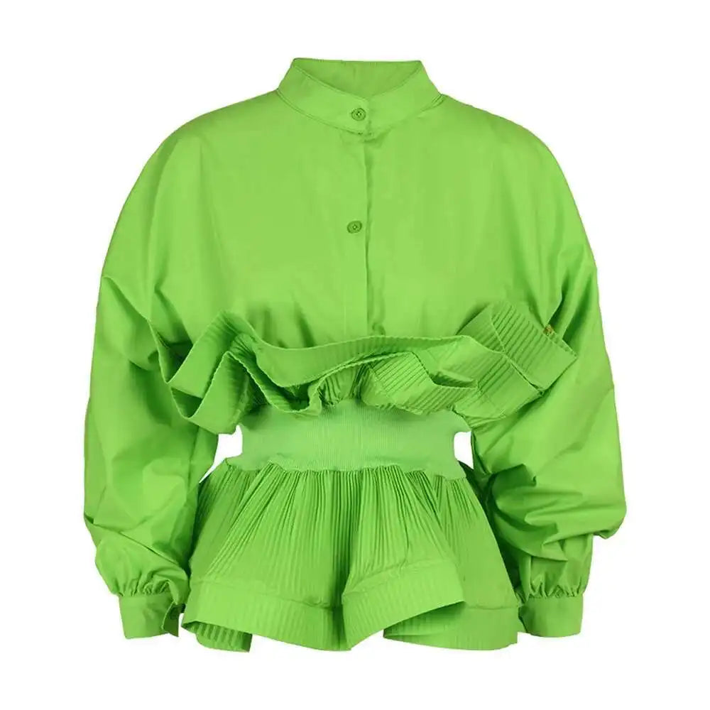 XFPV Women Puff Sleeve Pleated Ruffle Solid Casual Blouse Patchwork Y2k Top Slim Waist Shirt Sweet Summer Spring 2025 SM2983