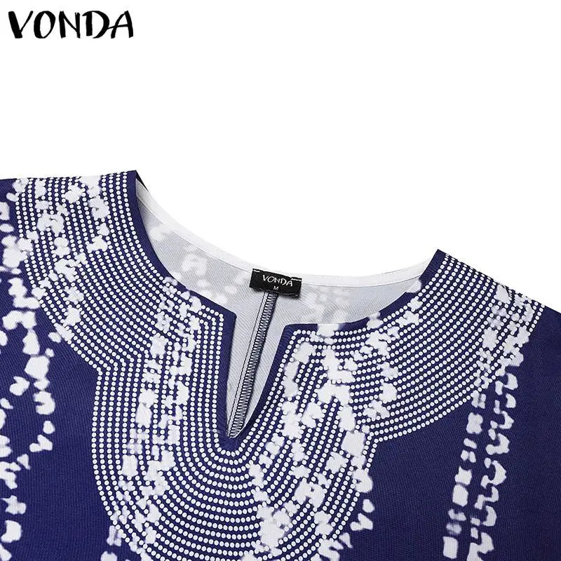 2025 VONDA Printed Maxi Dresses Vintage Women Bohemian Vestidos Casual 3/4 Sleeve Sundress Oversize Simple Elegant Long Robe