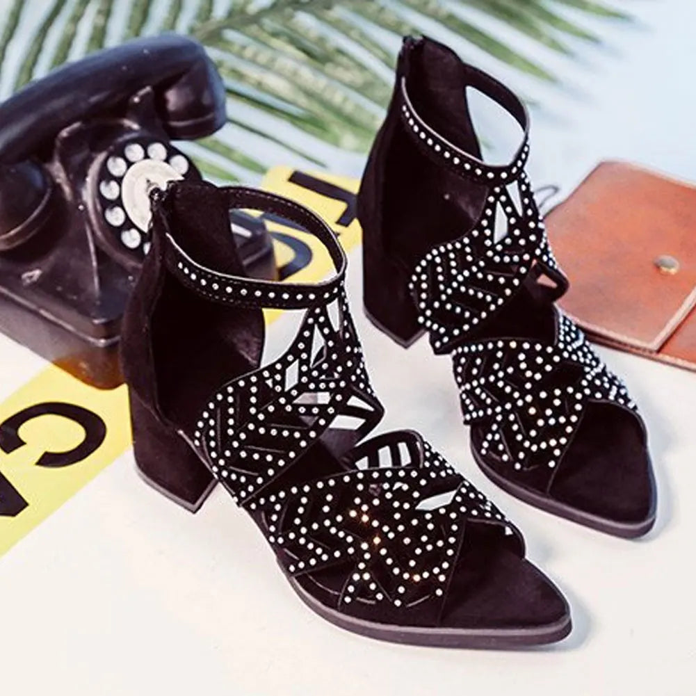 2022 New Style Women Summer Hollow Out Faux Leather Rhinestones Thick Heel Zipper Sandals Shoes Eur 35-41