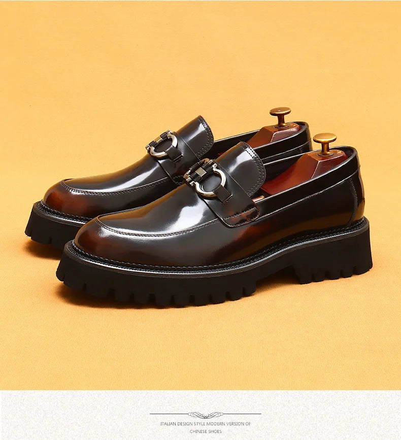 cow leather British loafers men glossy leather business casual Heightenin shoes non slip tire soles dress shoes Round toe shoes