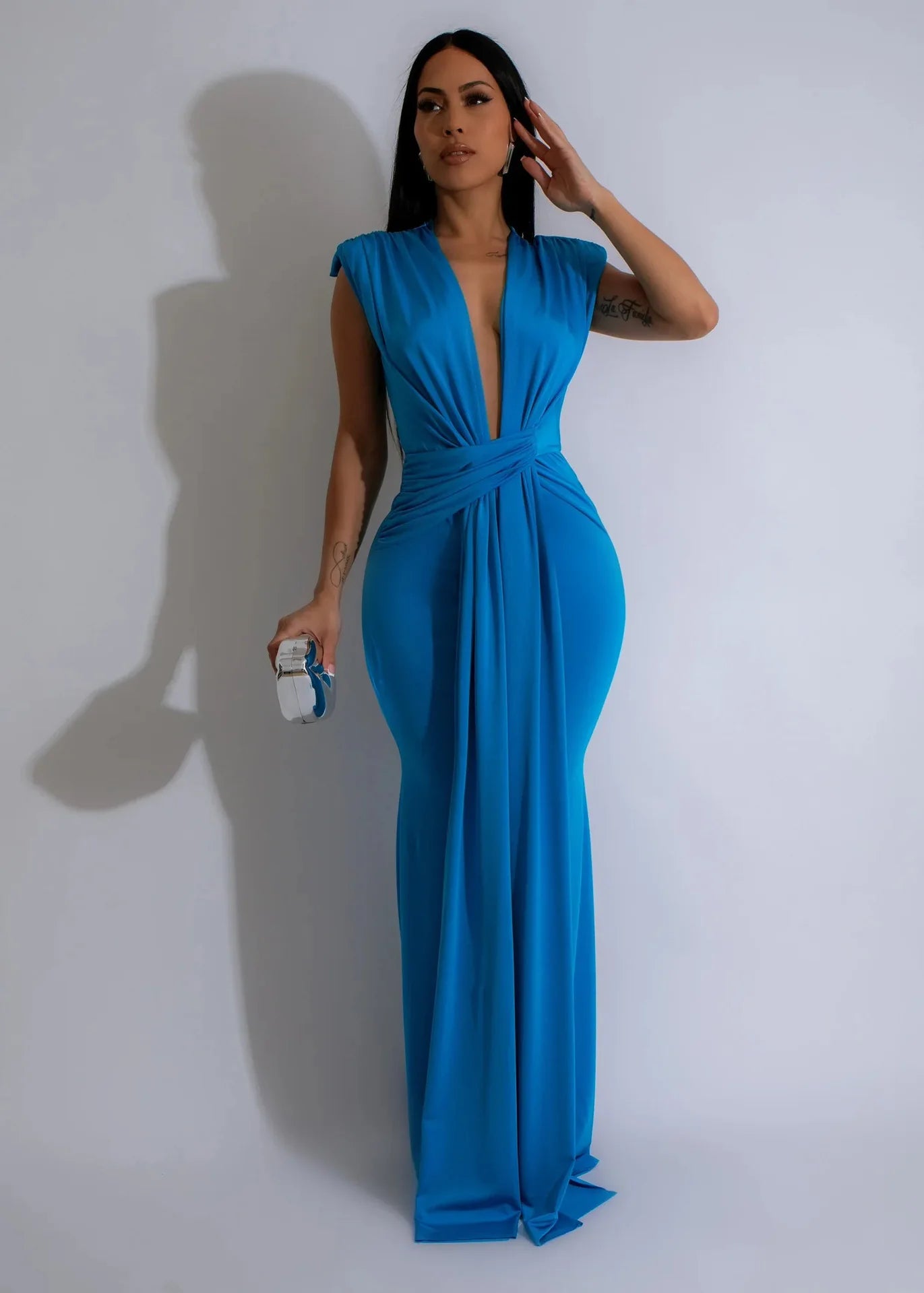Dress Women Long Dresses Deep V Neck Sleeveless Solid Slim Fit Tight Waist Sexy Elegant Splice Hip Wrap Temperament Vestidos