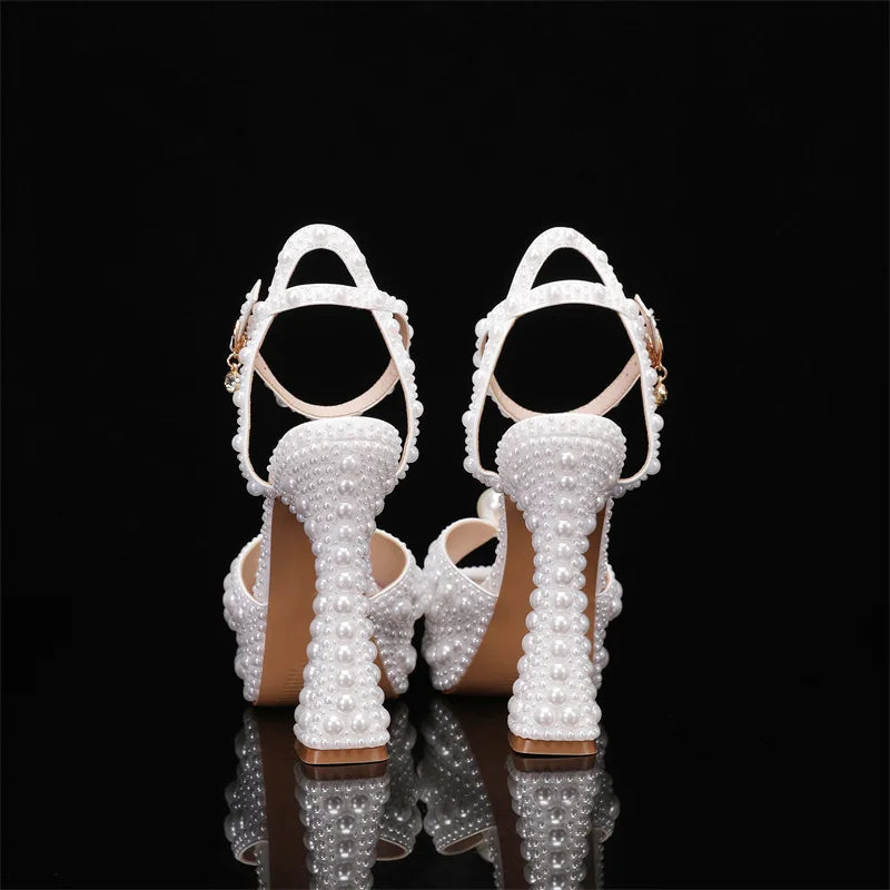 2024 Autumn New Fish Mouth High Heels Slim Heels Shallow Mouth Water Diamond Pearl Women's Single Shoes Wedding Wedding Shoes
