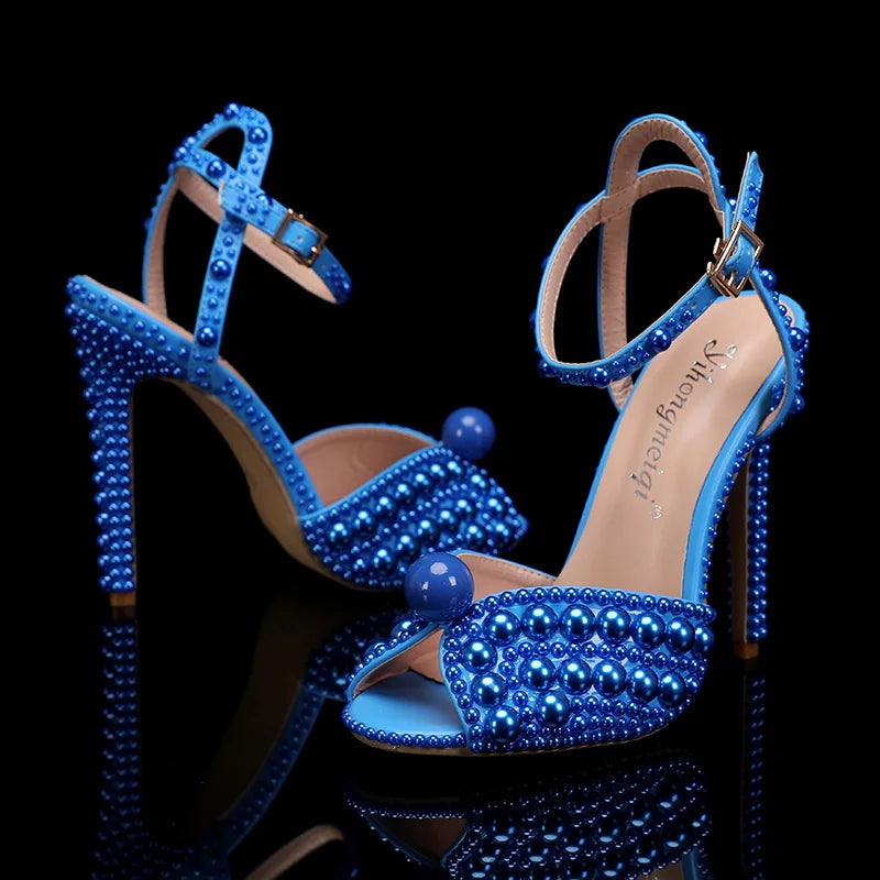 2024 Autumn New Fish Mouth High Heels Slim Heels Shallow Mouth Water Diamond Pearl Women's Single Shoes Wedding Wedding Shoes