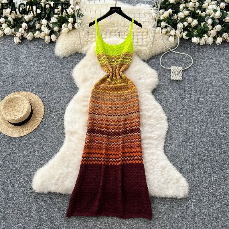 FAGADOER Summer Fashion Knitting Bodycon Maxi Dress Women Rainbow Color Spaghetti Strap Long Dress Female Streetwear Vestidos
