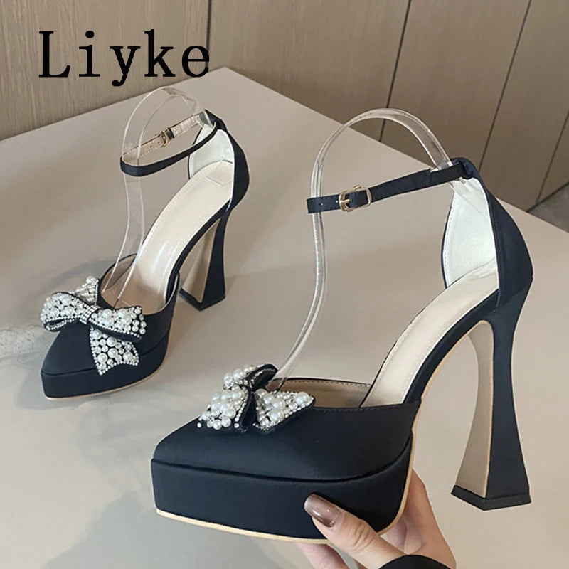 Liyke Ins Style Pearl Butterfly-Knot Women High Heels Sandals Sexy Thick Bottom Pointed Toe Platform Pumps Wedding Banquet Shoes