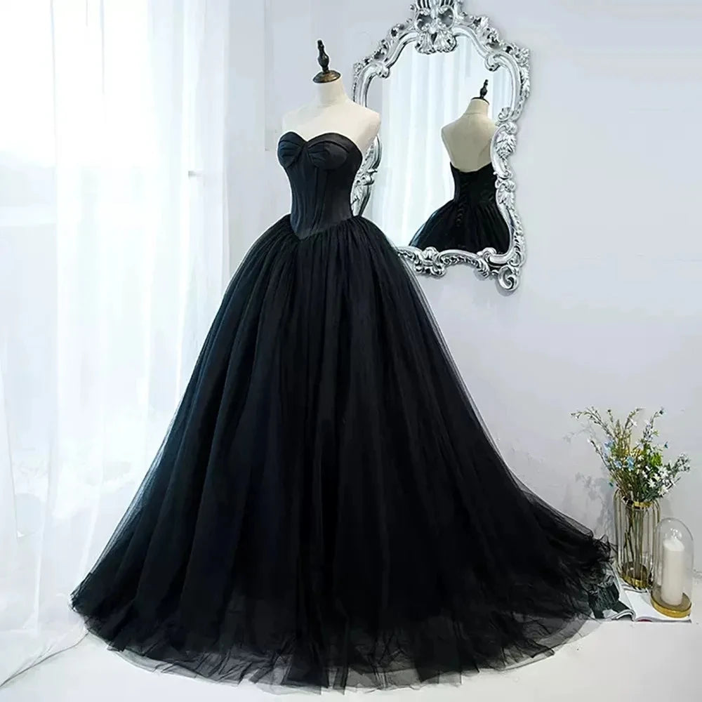 Gothic Black Tulle Prom Dresses Princess Sweetheart Satin Women Formal Evening Gowns Exposed Boning Night Party Dress Customized