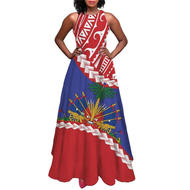 Haiti Flag Print Luxury Designer Women Summer Spring Maxi Dress Ladies Sexy Sundress Casual Sleeveless Long Woman Dresses Mujer