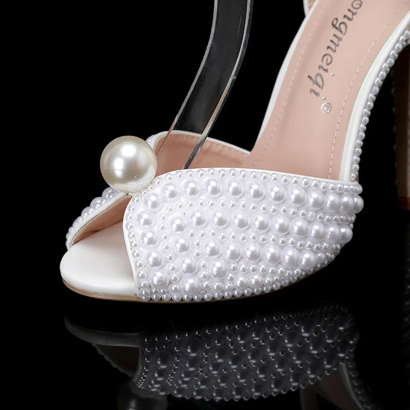 2024 Autumn New Fish Mouth High Heels Slim Heels Shallow Mouth Water Diamond Pearl Women's Single Shoes Wedding Wedding Shoes