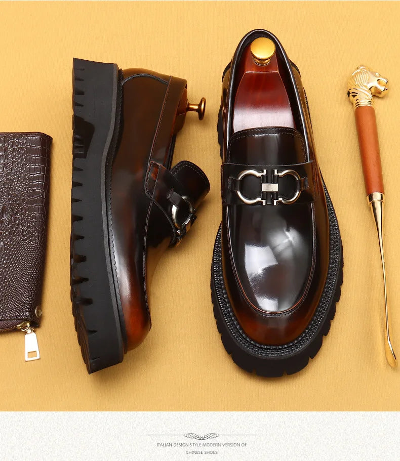 cow leather British loafers men glossy leather business casual Heightenin shoes non slip tire soles dress shoes Round toe shoes