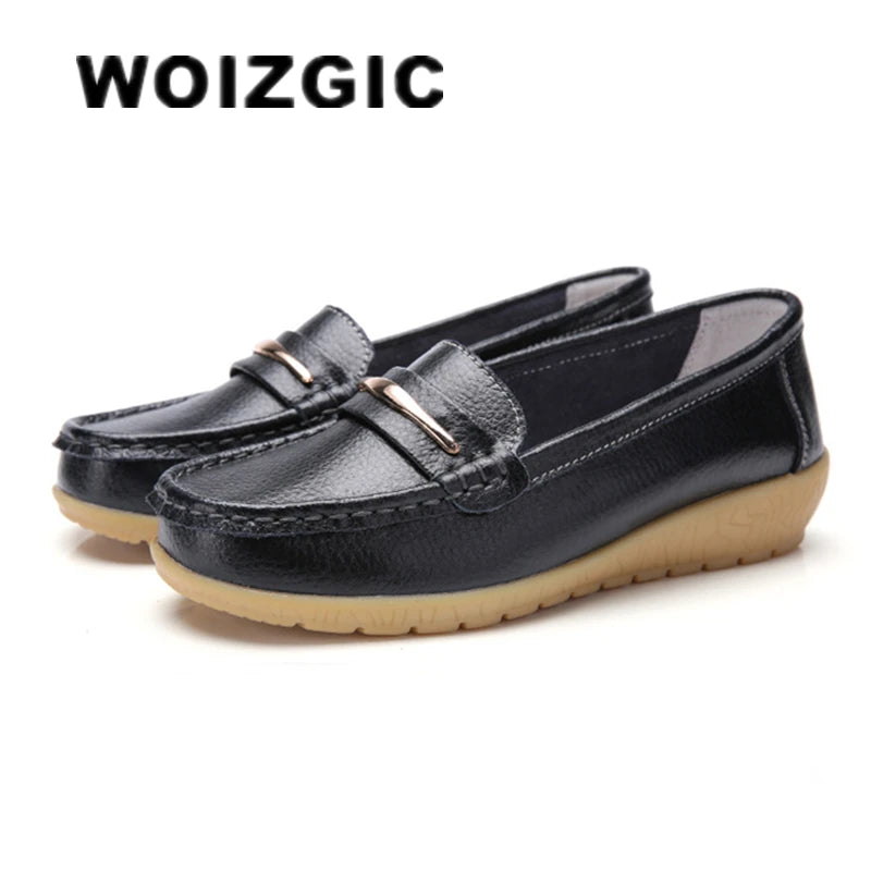 WOIZGIC Women's Mother Ladies Woman Female Genuine Leather Shoes Flats Loafers Platform Bling Slip On Moccasins Plus Size 43 44