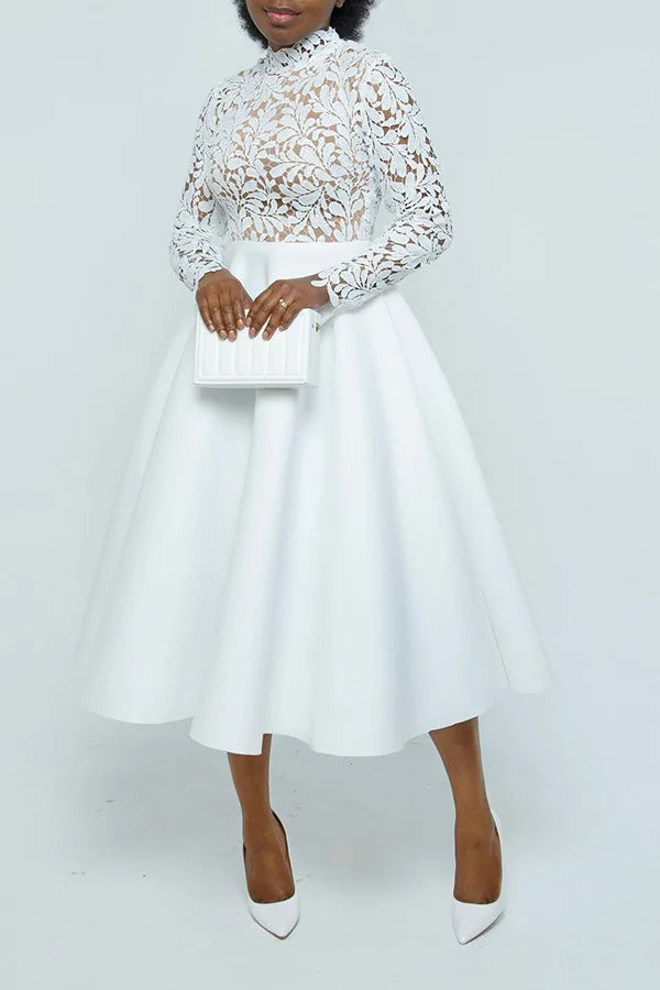 Women Long Dress A Line Dresses Lace Floral Party Night Wedding Mock Neck White Prom Hight Waist Slim Elegant Maxi Vestidos