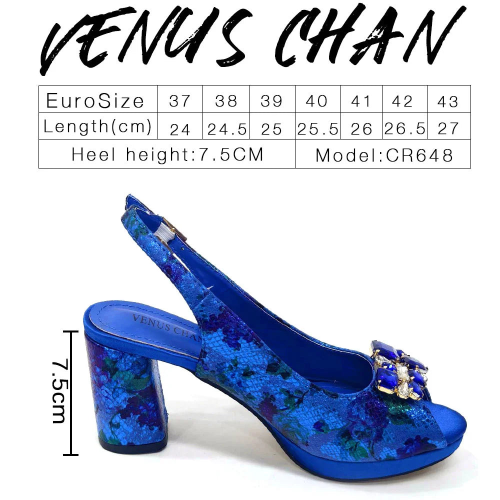 Venus Chan Italian Sandals and Bags Matching Set 2024 Women Heel Party for Gold Colour Wedding Bigger Size Thick Heel Shoes