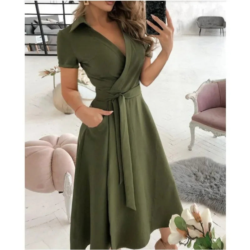 2023 Spring Autumn Dress Women Fashion Solid Slim Pocket Lace Up Dress Women Casual Printed Short Sleeve V-neck High Waist Dress