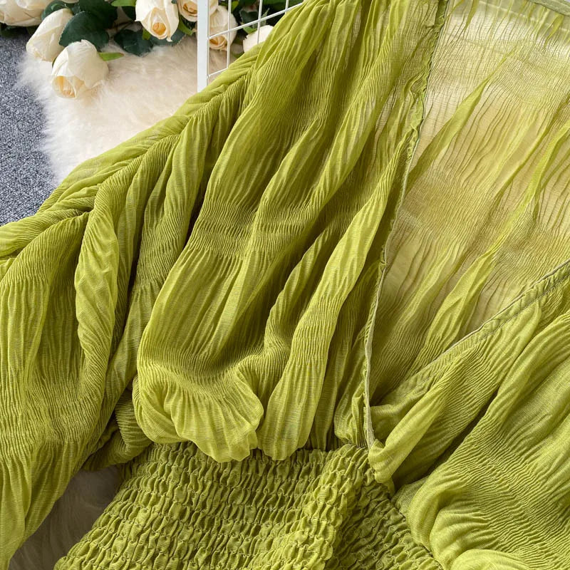 Women Sexy Chiffon Short Blouse Female See Through Super Long Sleeve Blusas Purple/Green/Black/White Folds Party Tops 2022 New