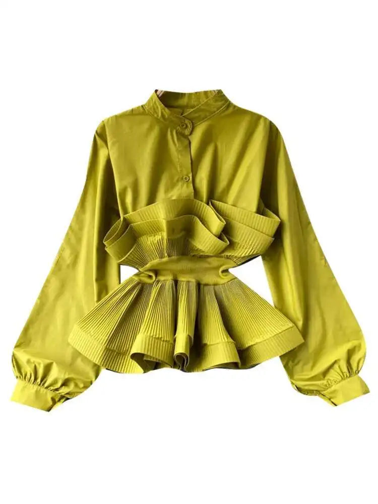 XFPV Women Puff Sleeve Pleated Ruffle Solid Casual Blouse Patchwork Y2k Top Slim Waist Shirt Sweet Summer Spring 2025 SM2983