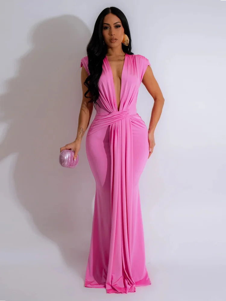 Dress Women Long Dresses Deep V Neck Sleeveless Solid Slim Fit Tight Waist Sexy Elegant Splice Hip Wrap Temperament Vestidos