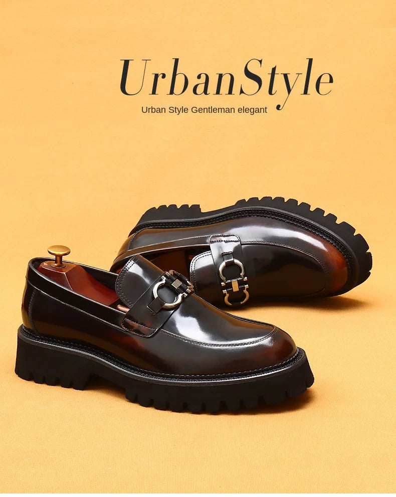 cow leather British loafers men glossy leather business casual Heightenin shoes non slip tire soles dress shoes Round toe shoes
