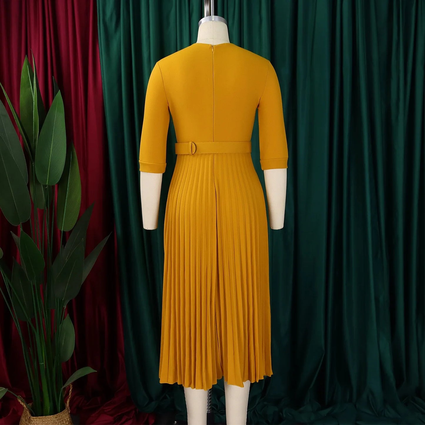 Elegant Office Ladies Dresses 2024 Autumn Fall Notched Collar Half Sleeve Belt Waisted Mid Calf Female Birthday Party Dress Midi