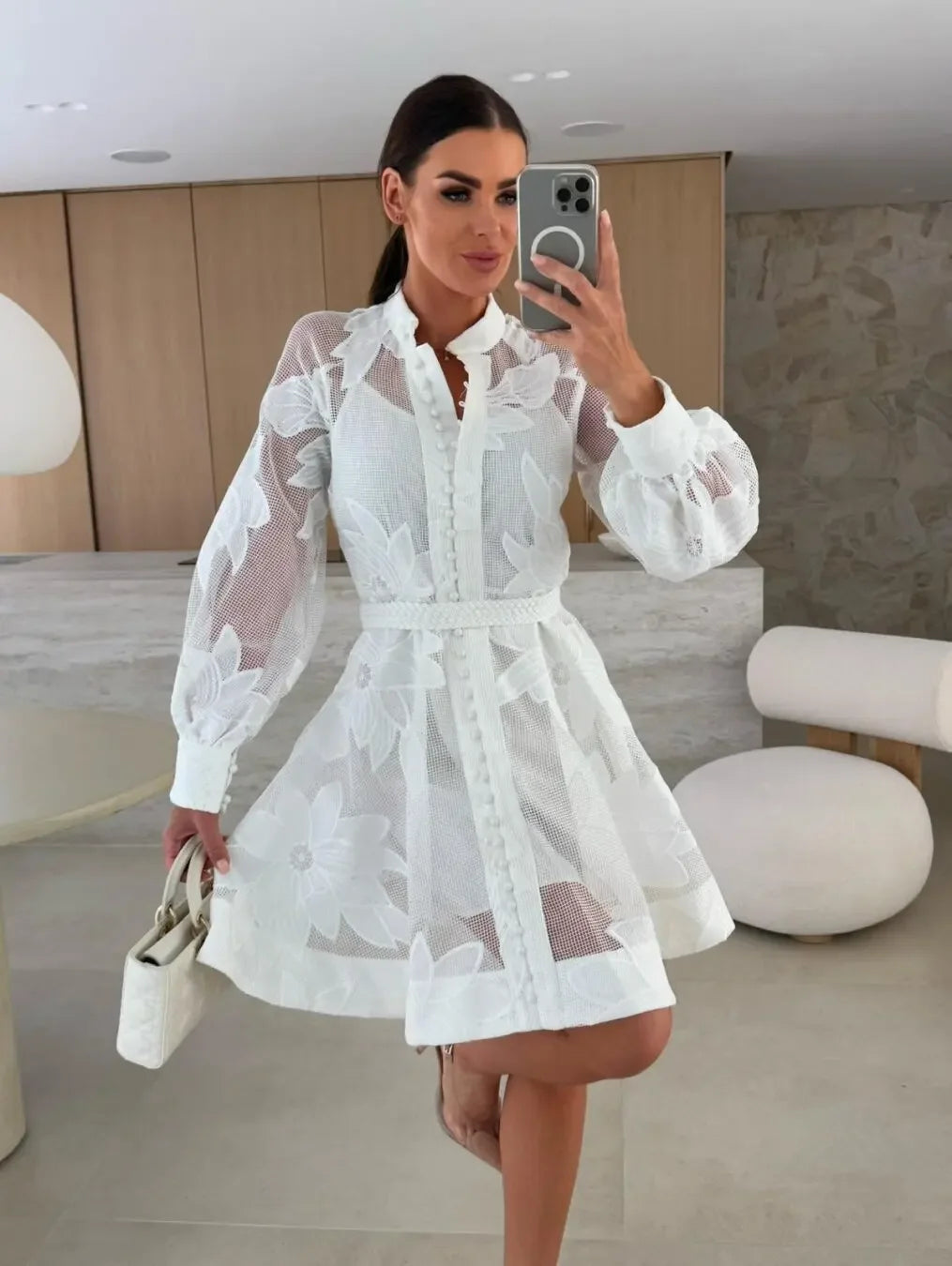 Fashionable Ins Embroidered Lace Dress Cross-Border Independent Station Floral Midi Skirt Polyester Fiber Full Sleeve