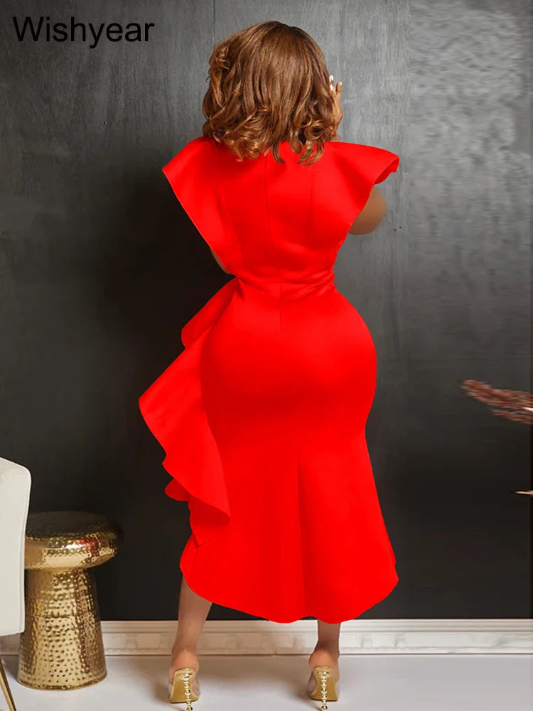 Sexy Flare Short Sleeve High Side Split Ruffles Bodycon Midi Dress Women Autumn Evening Wedding Party Birthday Vestidos Elegant