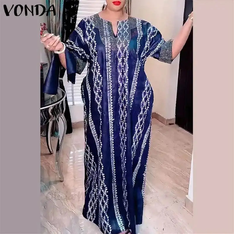 2025 VONDA Printed Maxi Dresses Vintage Women Bohemian Vestidos Casual 3/4 Sleeve Sundress Oversize Simple Elegant Long Robe