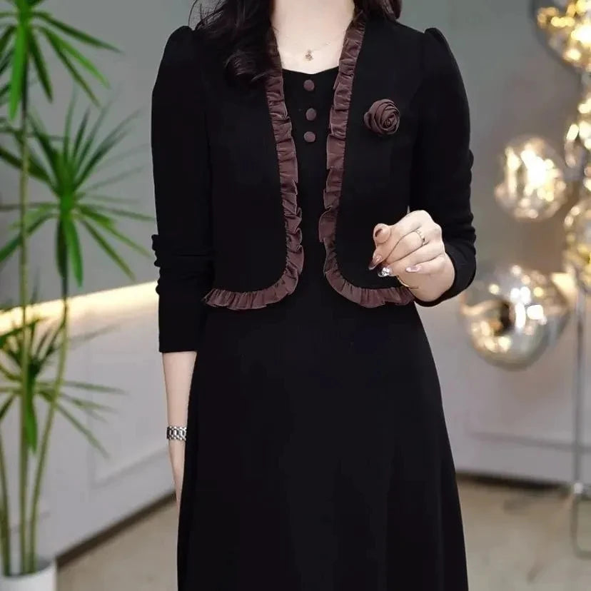 Autumn Winter Add Velvet Long Dress Women Fake Two Pieces Long Sleeve Dress High End Elegant Mother Wedding Party Dress Vestidos