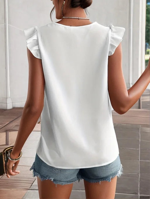 2025 summer new white chiffon shirt flying sleeves bottoming shirt women's outer wear slim sleeveless lace lace stitching short