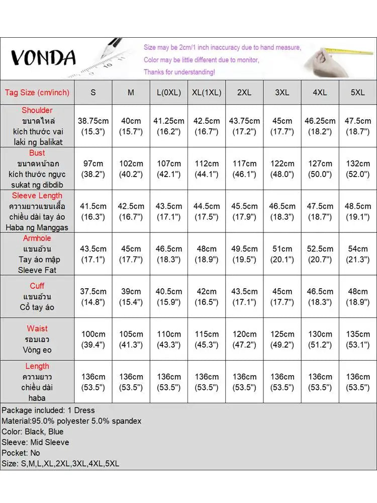 2025 VONDA Printed Maxi Dresses Vintage Women Bohemian Vestidos Casual 3/4 Sleeve Sundress Oversize Simple Elegant Long Robe