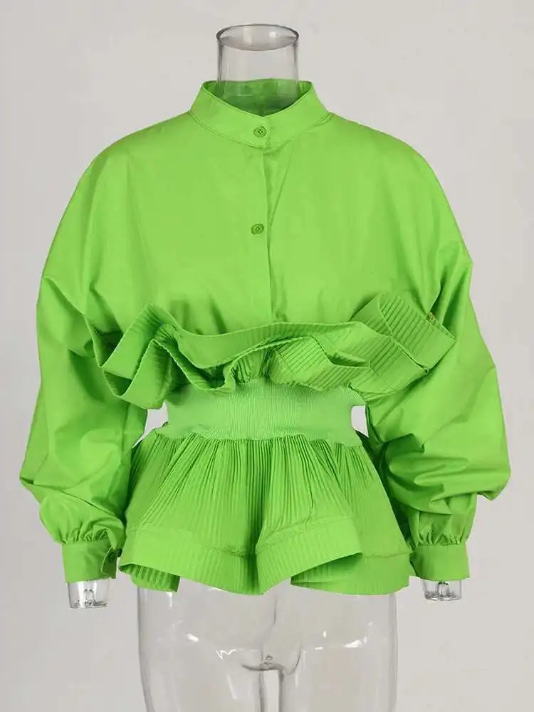 XFPV Women Puff Sleeve Pleated Ruffle Solid Casual Blouse Patchwork Y2k Top Slim Waist Shirt Sweet Summer Spring 2025 SM2983