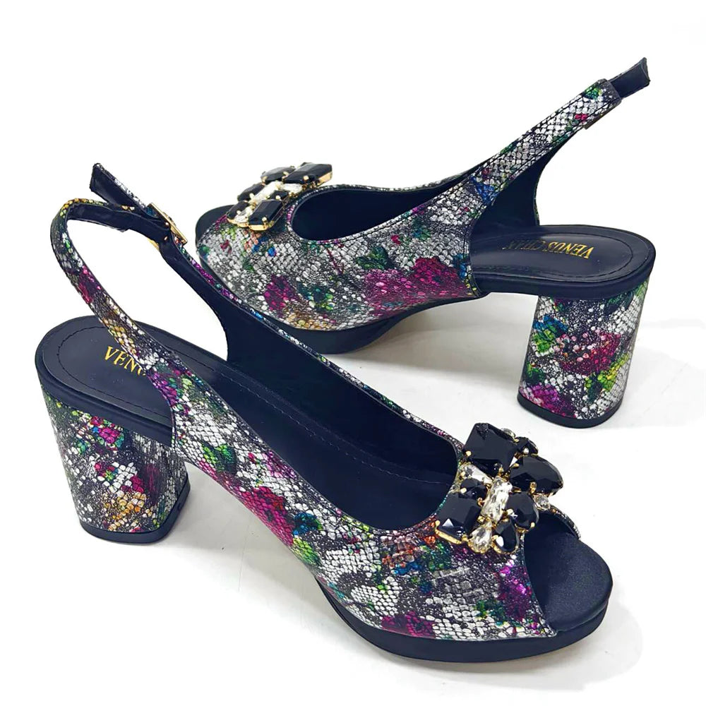 Venus Chan Italian Sandals and Bags Matching Set 2024 Women Heel Party for Gold Colour Wedding Bigger Size Thick Heel Shoes