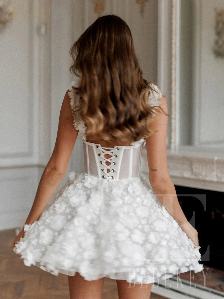 BEBEKEY Customized 3D Flower Mini Prom Dresses Short Spaghetti Straps A-line Lace Evening Party Dress Formal Party Gown Robe