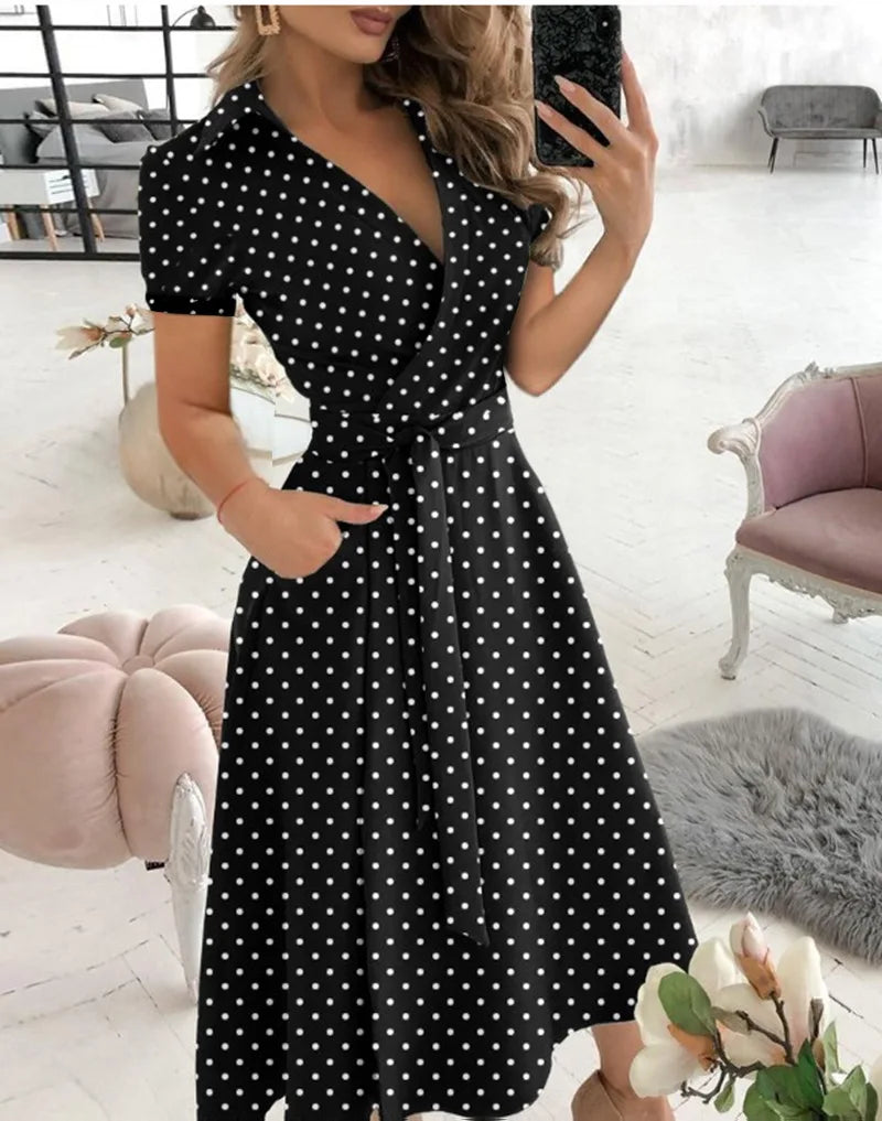 2023 Spring Autumn Dress Women Fashion Solid Slim Pocket Lace Up Dress Women Casual Printed Short Sleeve V-neck High Waist Dress